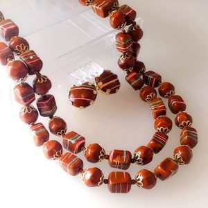 Vintage Mid-Century Chocolate Brown Candy Striped Double Strand Beaded Necklace